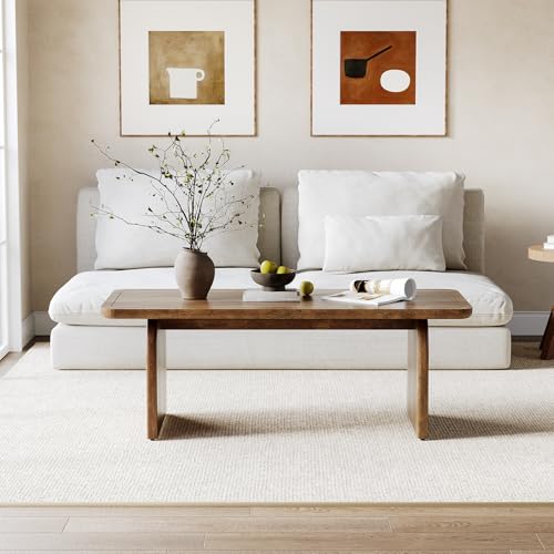 LITTLE TREE Farmhouse Coffee Table, 47 Inches Wooden Center Tables with Rounded Corners, Rectangular Living Room Tables, Modern Low Cocktail Tea Furniture for Living Room (Rustic Brown) LITTLE TREE