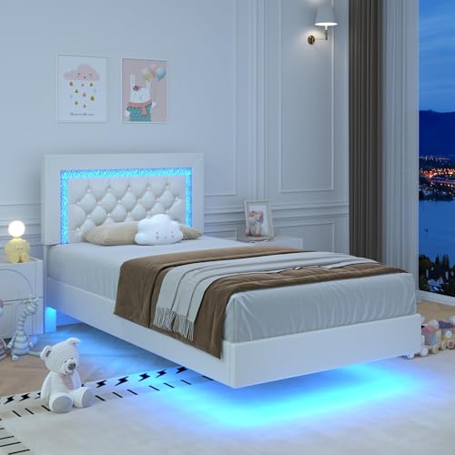 BarnFurin Floating Twin Bed Frame with LED Lights, Upholstered Platform Bed with Diamond Tufted Headboard, No Box Spring Needed, Noise Free, Easy Assembly, White BarnFurin