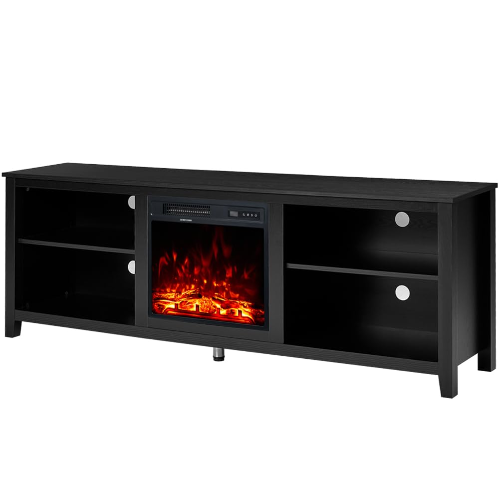 AMERLIFE Fireplace TV Stand, Wood Texture Entertainment Center with 23'' Electric Fireplace, Farmhouse Entertainment Stand Media TV Console for TVs Up to 80'', 70 inches, Black - WoodArtSupply