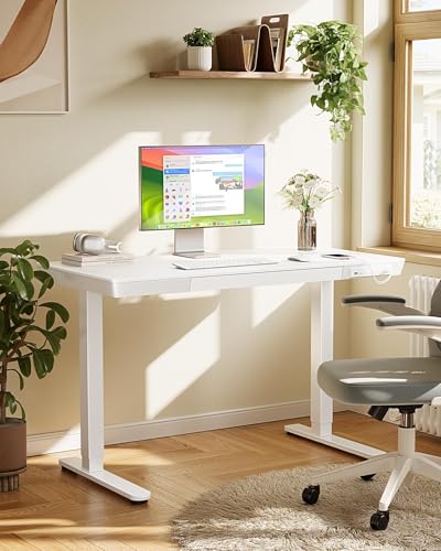 Marsail Glass Standing Desk with Drawer, 48 x 24 inch Electric Standing Desk,Sit Stand Desk with One-Piece Tabletop & USB Charging Ports, Height Adjustable Desk with Storage for Home & Office Black Marsail