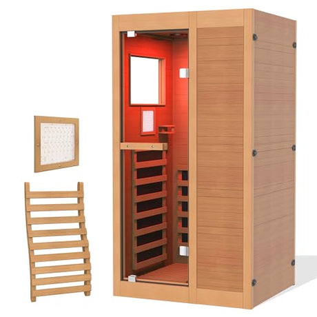 ROCSUMOO Infrared Sauna for 1 Person, Wooden Dry Sauna Room with backrest, 960W/120V Low EMF Indoor Saunas with Control Panel, 7-Color Therapy&Timer, Bluetooth Speakers for Home ROCSUMOO