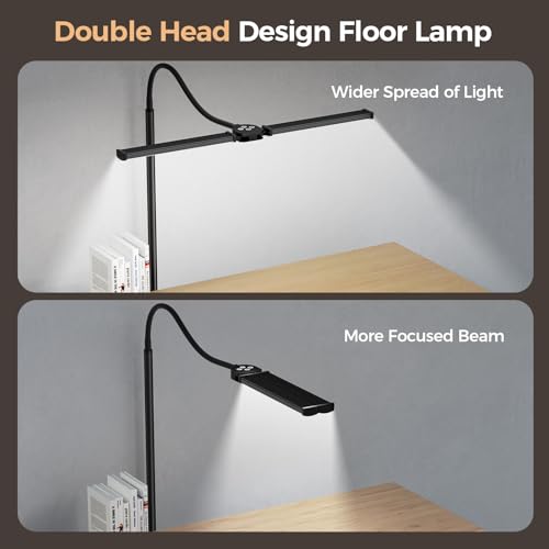 LED Floor Lamp for Living Room, Bright Reading Lamps for Office, Adjustable Colors Temperatures&Brightness, Dual Head Goose-Neck Standing Lamp, Remote and Button Control, Eye Caring Tall Lamp, Black VrimNowit