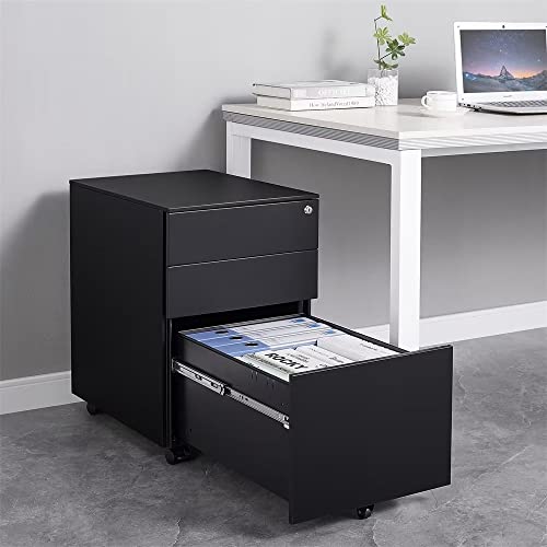 3 Drawer Mobile File Cabinet with Lock, Metal Filing Cabinet with Wheels, Under Desk Storage Cabinet for Home Office, Fully Assembled, Black WoodArtSupply