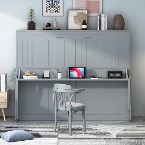 Full Horizontal Murphy Bed with Desk,Solid Wood Folding Hideaway Murphy Wall Bed for Adult,Guest Room (Grey) MERITLINE