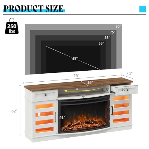 LUXOAK 70" Farmhouse Curved Fireplace TV Stand, LED Light Entertainment Center Table with 36'' Upgrade Electric Fireplace TV Console Cabinet for TVs Up to 80", Antique White Barnwood LUXOAK