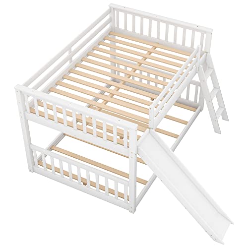 Harper & Bright Designs Floor Low Bunk Bed Full Over Full with Slide and Ladder, Solid Wood Bunk Beds Frame for Saving Space, White Harper & Bright Designs