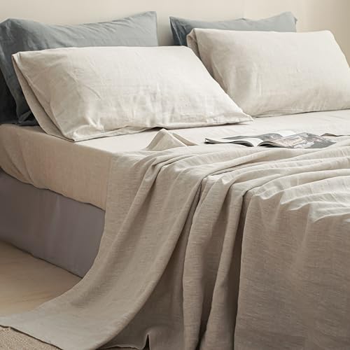 Simple&Opulence 100% Linen Fitted Sheet Full(1 Piece), 14 Inch Deep Pocket Mattress Cover Natural French Flax Stone Washed Farmhouse Soft Breathable Bottom Sheets-Linen Simple&Opulence
