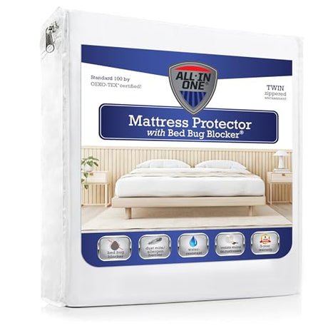All-in-One Mattress Protector, Zippered Encasement, Water & Stain Resistant, Triple Seal Protection, Twin, White Bed Bug Blocker