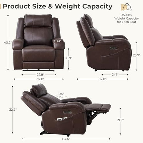 SITJOY Pet Friendly Leather Power Recliner Chair, Zero Wall Hugger RV Recliners with Power Headrest, Charging Ports, Side Pockets, Down-Filled, Scratch Resistant Waterproof Faux Leather in Dark Brown SITJOY