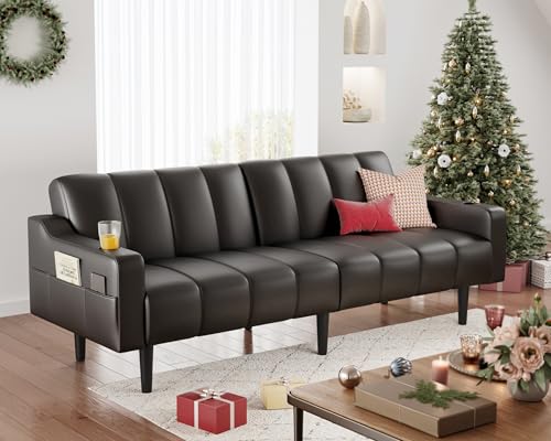 Chfeloai 80'' Futon Sofa Bed,Faux Leather Futon Sleeper Sofa, Convertible Loveseat with Adjustable Sofa Backrest,Modern Couches for Living Room, Bedroom, Apartment, Office (Black) Chfeloai