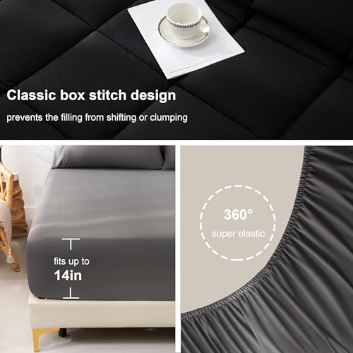 DOWNCOOL Full Size Comforter Sets, 7Pcs Full Size Bedding Sets Black/Grey, All Season Down Alternative Bedding Comforter Sets with Comforter, Flat Sheet, Fitted Sheet, 2 Pillow Shams & 2 Pillowcases DOWNCOOL