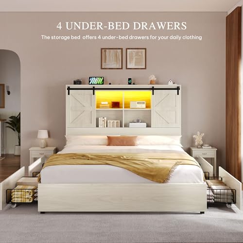 YITAHOME Farmhouse Queen Size Bed Frame with Storage Bookcase Headboard, Sliding Barn Door, 4 Storage Drawers, RGB LED Bed Frame with USB Charging Station, No Box Spring Needed, Antique White - WoodArtSupply