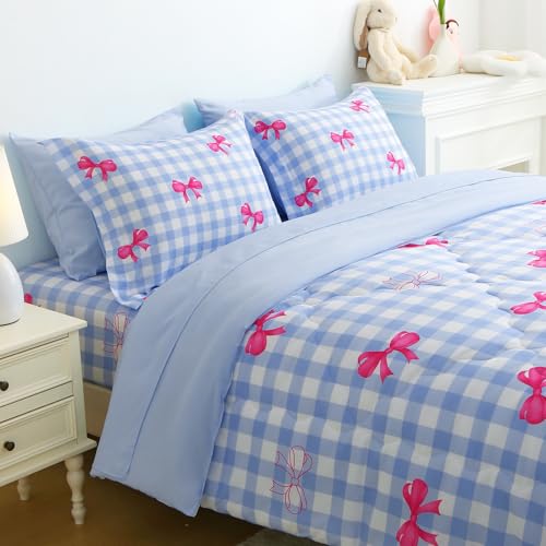 Wajade Bow Comforter Set 7 Piece Blue White Plaid Comforter Sets for Girls Kids Twin Size Checkered Bedding Set with Sheet and 2 Pillowcases 2 Pillow Shams Cute Girls Bed in a Bag as Birthday Choice Wajade