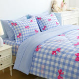 Wajade Bow Comforter Set 7 Piece Blue White Plaid Comforter Sets for Girls Kids Twin Size Checkered Bedding Set with Sheet and 2 Pillowcases 2 Pillow Shams Cute Girls Bed in a Bag as Birthday Choice Wajade
