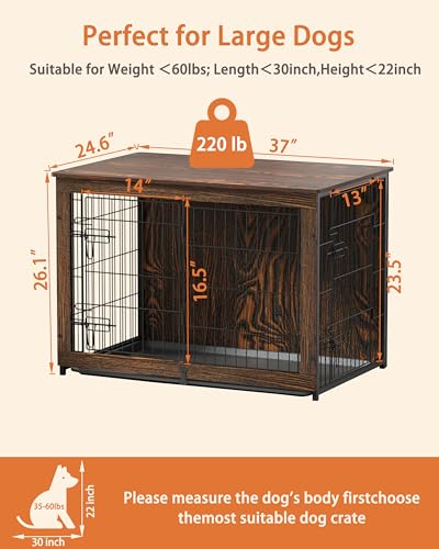 Megidok Wooden Dog Crate Furniture with Cushion, Dog Crate End Table with Tray, Double Doors Dog Crate Furniture Style, Decorative Dog Kennels Indoor (37" L*25" W*26" H, Rustic Style) Megidok