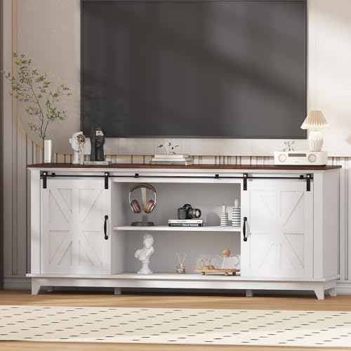 Garvee Home Farmhouse TV Stand for 75 in Television, Wood Entertainment Center with Storage & Barn Doors, Adjustable Shelf Media TV Console Table Cabinet for Living Room, 66 in Large, White Garvee