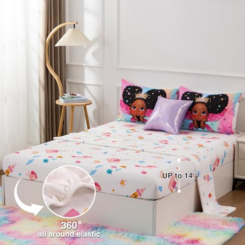 A Nice Night Black Girl Princess with Wings Comforter Set,Pink Gradient Glitter Rainbow Galaxy 6pcs Kids Bedding Set,Twin A Nice Night
