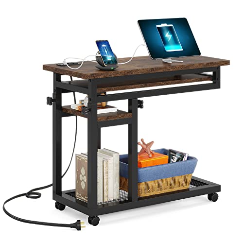 Tribesigns Small Portable Desk with Power Outlet, Height Adjustable Sofa Couch Bedside Laptop Table with Wheels, Mobile Standing Desk Rolling Computer Cart C Side Table with USB Ports - WoodArtSupply