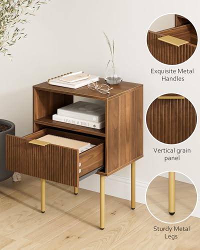 Masupu Night Stand,Mid-Century Modern Bedside Table with Storage Drawer and Open Wood Shelf,Small Gold Frame Side Table for Bedroom,Living Room, Walnut Masupu