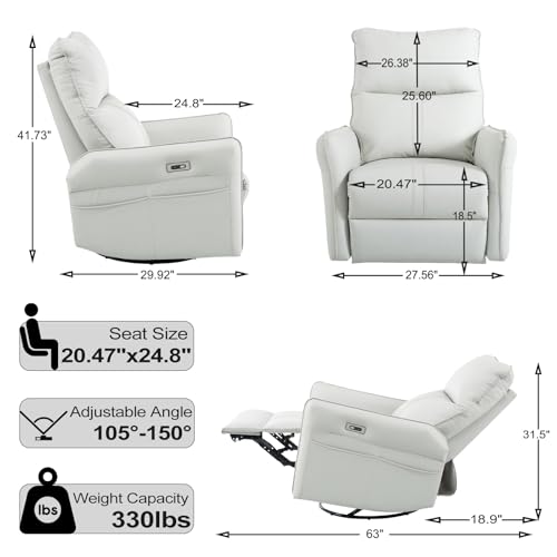 cinkehome Power Swivel Rocker Recliner with USB, Overstuffed Electric Reclining Chair, Faux Leather Rocker Recliner for Nursery, Living Room, Light Grey