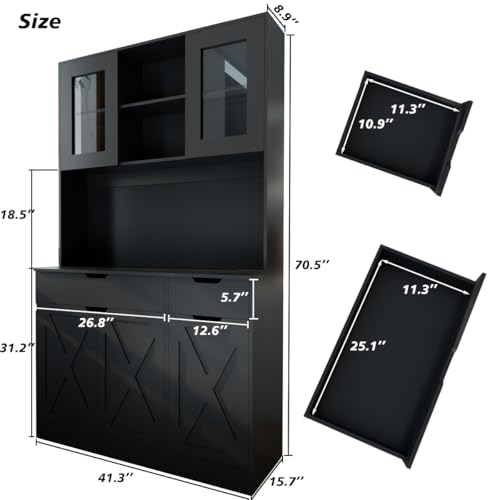 GTFURNI 71" Tall Kitchen Pantry Storage Cabinet Large Farmhouse Hutch Cabinet with Microwave Stand, Charging Station, Adjustable Shelves, Countertop for Dining Room, Living Room, Black GTFURNI