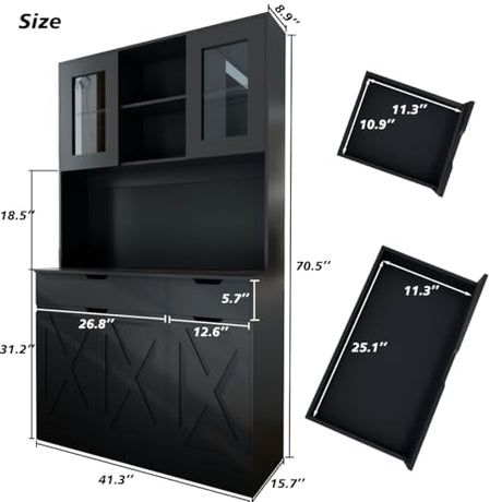 GTFURNI 71" Tall Kitchen Pantry Storage Cabinet Large Farmhouse Hutch Cabinet with Microwave Stand, Charging Station, Adjustable Shelves, Countertop for Dining Room, Living Room, Black GTFURNI
