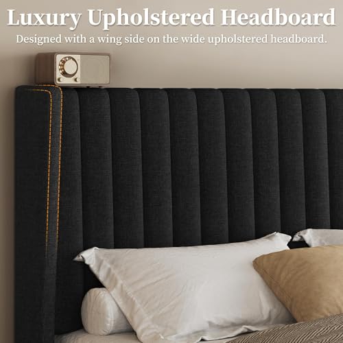 Yaheetech Queen Bed Frame Upholstered Platform Bed with Fabric Headboard, Wing Edge Design/Non-Slip and Noise-Free/Wooden Slats Support/No Box Spring Needed/Easy Assembly, Black Queen Bed Yaheetech