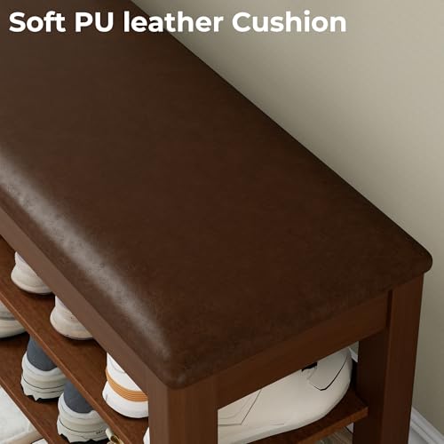 Homleke Shoe Rack Bench with Flip-Top Storage, Solid Wood Entryway Bench with Cushion, Adjustable Shelf, for Hallway, Mudroom, Closet – Walnut, 31.5" Homleke