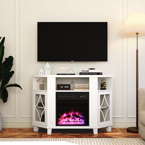 FansaFurn Corner TV Stands with 18'' Fireplace, Media Console Table with Adjustable Shelves & Acrylic Doors, Entertainment Center for TVs up to 55'', Corner Cabinet for Living Room, Bedroom, White FansaFurn