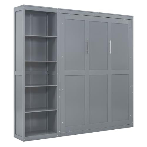Merax Queen Size Murphy Bed, Wood Queen Wall Bed Frame with Shelves, for Home, Office or Small Room, Gray Merax