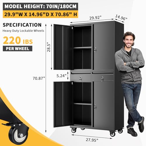 Metal Garage Storage Cabinet with 4 Wheels and 2 Drawers, 72" Heavy Duty Rolling Tool Storage Cabinet Organizer, Locking Doors and Adjustable Shelves for Garage, Workshop, Office, Warehouse PeacefulHues