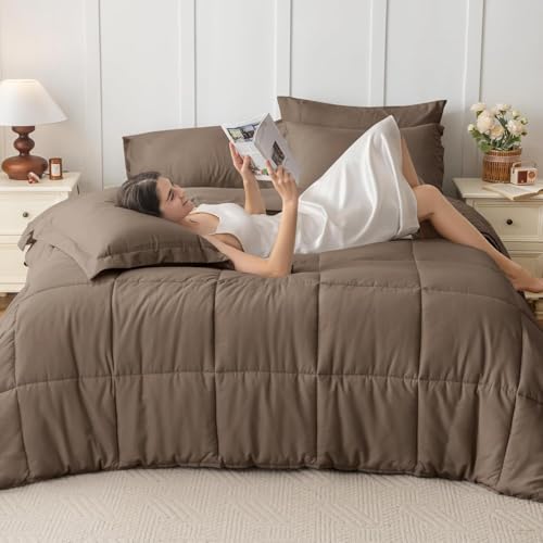 JOLLYVOGUE Queen Comforter Set, Ultra-Soft Bed in a Bag Queen Size 7 Pieces, Oeko-TEX Certified Bedding Set with Down Alternative Comforter, Sheets, Pillowcases & Shams, Brown JOLLYVOGUE