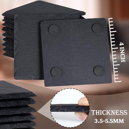 24 Pieces Slate Drink Coasters, GOH DODD 4 Inch Black Coasters Stone Coaster Set, Laser Engraving Blanks with Anti-Scratch Bottom for Home Office Kitchen Housewarming Gifts Wedding Party, Square GOH DODD