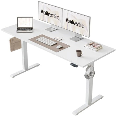 Agilestic Electric Standing Desk, 55 x 24 Inches Height Adjustable Desk, Sit Stand up for Work Office Home, Ergonomic Rising Computer Table with Memory Preset, White