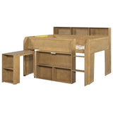 SOFTSEA Full Size Low Loft Bed with Desk & Storage, Solid Wood Kids Loft Bed with Portable Desk, Storage Bookshelves & LED Lights for Kids Juniors Boys Girls, Walnut SOFTSEA
