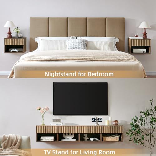 BuildHom Floating Nightstand with Fluted Drawer - Modern Wall Mounted Bedside Table with Open Storage Shelf, Small Night Stand TV Stand for Bedroom(Rustic Brown, Set of 2) BuildHom