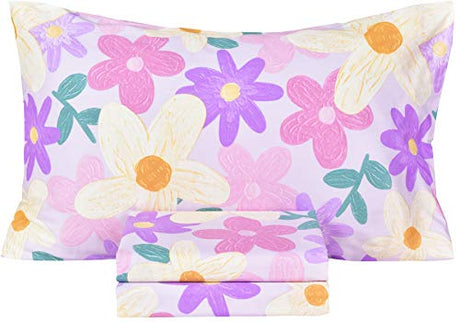 Scientific Sleep Purple Flower Painting Girls 100% Cotton 3 Pcs Twin Bed Sheet Set Kids Toddler Teen, Flat Sheet & Fitted Sheet & Pillowcase Kids Bedding Set (Floret, Twin) Scientific Sleep