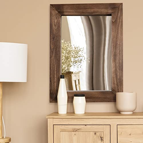 MAXYOYO Rustic Wood Wall Mirror for Bathroom, 24" x 32" Wood Framed Mirror Farmhouse Style Bathroom Vanity Mirror, Vertical or Horizontal Hanging, Brown - WoodArtSupply