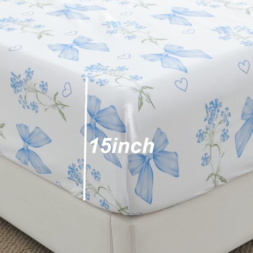 CCoutueChen Blue Bow Sheet Set Full Garden Floral Fitted Sheet Set for Girls Kids Soft Microfiber Fitted Flat Sheets & Pillowcases Cute Princess Style Bowknot Bedding Sets Toddlers 4 Pieces CCoutueChen