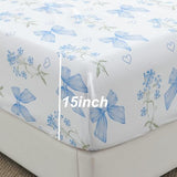 CCoutueChen Blue Bow Sheet Set Full Garden Floral Fitted Sheet Set for Girls Kids Soft Microfiber Fitted Flat Sheets & Pillowcases Cute Princess Style Bowknot Bedding Sets Toddlers 4 Pieces CCoutueChen