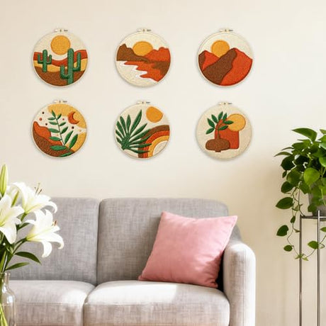 BEUNITONE Bohemian Embroidery Kit for Beginners, 6-Piece Stamped Needlepoint Craft Kits with Landscape, Sun, Moon, Leaves, Vase Designs, Complete DIY Handmade Embroidery Set for Relaxing Creative Fun BEUNITONE