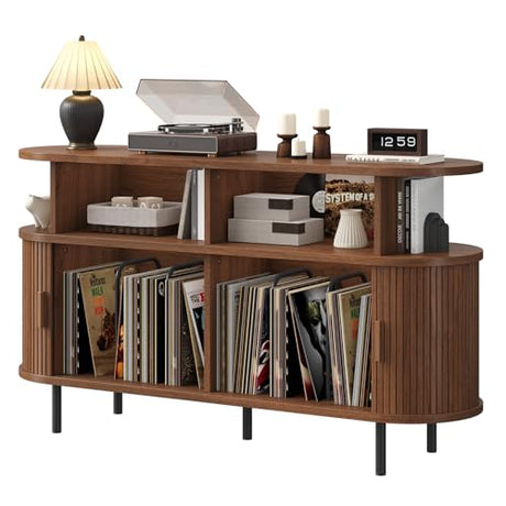 55" Large Round Record Player Stand with Charging Station, Vinyl Record Storage Cabinet, Mid Century Modern Turntable Stand with Open Shelves Holder for Bedroom Living Room, Sliding Doors (Walnut) ONBRILL