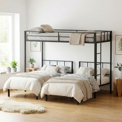 Mixcous Triple Bunk Bed Twin XL Over Twin & Twin - Convertible to 3 Beds, Heavy Duty Metal Frame with Adjustable Ladder, Noise-Free & Anti-Wobble Design, Space-Saving for Teens & Adults, Black Mixcous