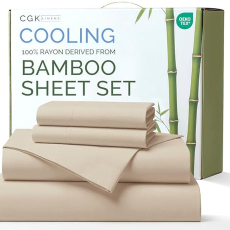 100% Rayon Derived From Bamboo - Bamboo Sheets Queen Size - Cooling Sheets for Queen - Ultra Soft, Breathable & Hotel Luxury Bedding - 1 Flat & 1 Fitted & 2 Pillowcases w/ 16 Inch Deep Pockets - Wheat CGK Unlimited