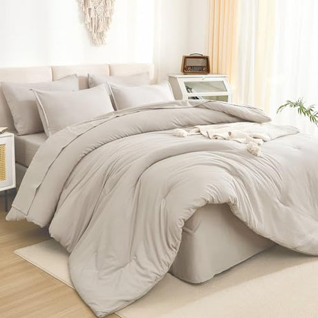 Litanika King Size Comforter Set Linen - 7 Pieces Bed in a Bag King Bedding Comforter Sets, Solid Lightweight Bed Set with Comforter, Sheets, Pillowcases & Shams Litanika