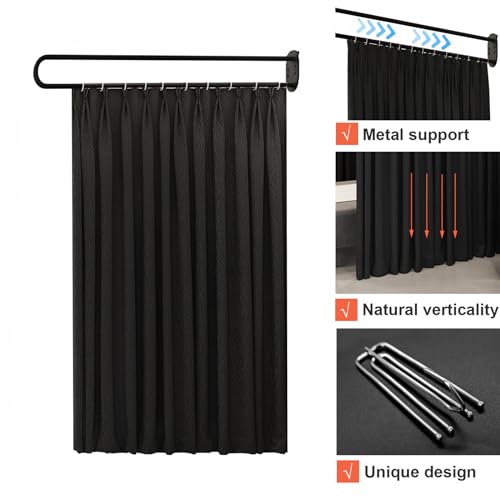 XIMSPHY Privacy Partition Curtains with U-Shaped Rod, Metal Support Single Wall Mounted Curtains, 6.56ft Black Flat Hooks Medical Curtain for Fitting Room Beauty Salon Bedroom XIMSPHY