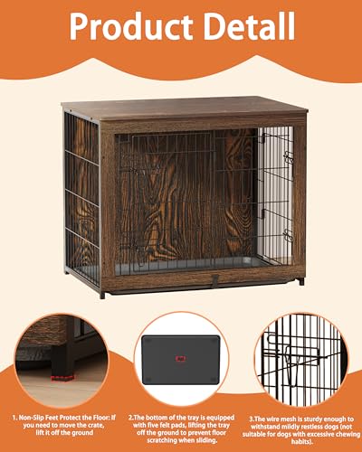 Megidok Wooden Dog Crate Furniture with Cushion,Medium Dog Crate End Table with Tray, Double Doors Kennels Indoor (32" L*22" W*26" H, Rustic Style) Megidok