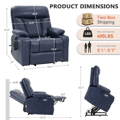 EONIX Power Lift Recliner Chair for Elderly with Heat and Massage, 400lbs Heavy Duty Electric Recliner Chairs for Adults with Cup Holders and USB Charging Ports, SLRY019020, Navy Blue