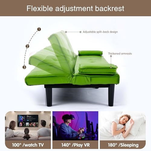 ODOLAR 67" Futon Sofa Bed,Convertible Sofa Bed with 2 Cup Holders,Sleeper Couch PVC Leather Removable Soft Armrest Small Couch for Living Room Apartments ﻿ (Green) ODOLAR