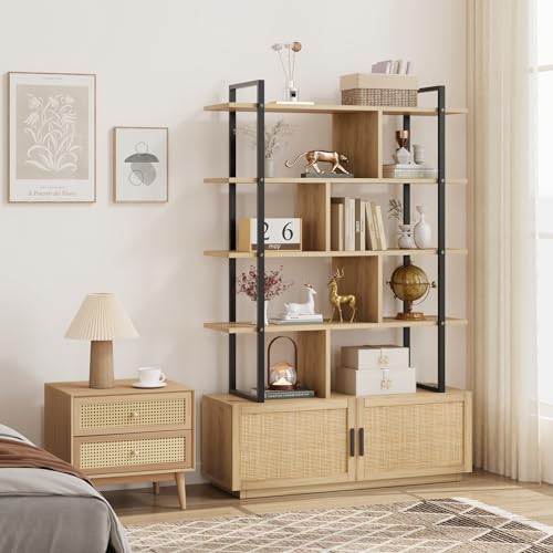 GAOMON 5-Tier Burlywood Industrial Bookshelf with Storage Cabinet and Open Display Shelves - WoodArtSupply